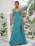 A-Line/Princess Silk like Satin Ruched V-neck Sleeveless Floor-Length Bridesmaid Dresses TPP0004934