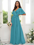 A-Line/Princess Silk like Satin Sash/Ribbon/Belt V-neck Short Sleeves Floor-Length Bridesmaid Dresses TPP0004897