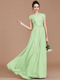 A-Line/Princess Jewel Short Sleeves Lace Floor-Length Chiffon Bridesmaid Dresses TPP0005264