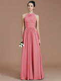 A-Line/Princess Halter Sleeveless Ruched Floor-Length Chiffon Bridesmaid Dresses TPP0005263