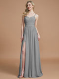 A-Line/Princess Spaghetti Straps Sleeveless Ruched Floor-Length Chiffon Bridesmaid Dresses TPP0005244