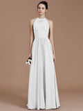 A-Line/Princess Halter Sleeveless Ruched Floor-Length Chiffon Bridesmaid Dresses TPP0005263