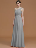 A-Line/Princess One-Shoulder Sleeveless Floor-Length Ruched Chiffon Bridesmaid Dresses TPP0005701