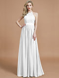 A-Line/Princess Halter Sleeveless Ruched Floor-Length Chiffon Bridesmaid Dresses TPP0005700