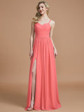 A-Line/Princess Spaghetti Straps Sleeveless Ruched Floor-Length Chiffon Bridesmaid Dresses TPP0005244