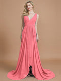 A-Line/Princess Sleeveless V-neck Chiffon Sweep/Brush Train Bridesmaid Dresses TPP0005308