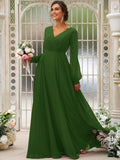 A-Line/Princess Chiffon Ruched V-neck Long Sleeves Floor-Length Bridesmaid Dresses TPP0004950