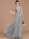 A-Line/Princess Jewel Short Sleeves Lace Floor-Length Chiffon Bridesmaid Dresses TPP0005264