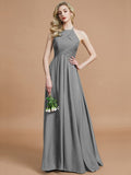 A-Line/Princess Halter Sleeveless Ruched Floor-Length Chiffon Bridesmaid Dresses TPP0005208