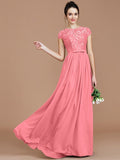 A-Line/Princess Jewel Short Sleeves Lace Floor-Length Chiffon Bridesmaid Dresses TPP0005264