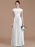 A-Line/Princess Jewel Short Sleeves Lace Floor-Length Chiffon Bridesmaid Dresses TPP0005179