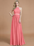 A-Line/Princess Halter Sleeveless Ruched Floor-Length Chiffon Bridesmaid Dresses TPP0005700