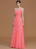 A-Line/Princess One-Shoulder Sleeveless Floor-Length Ruched Chiffon Bridesmaid Dresses TPP0005701