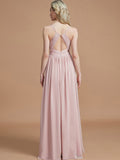 A-Line/Princess Spaghetti Straps Sleeveless Ruched Floor-Length Chiffon Bridesmaid Dresses TPP0005244