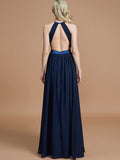 A-Line/Princess Halter Sleeveless Ruched Floor-Length Chiffon Bridesmaid Dresses TPP0005700