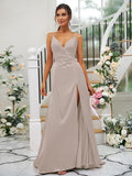 A-Line/Princess Silk like Satin Ruched V-neck Sleeveless Floor-Length Bridesmaid Dresses TPP0004934