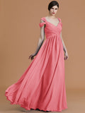 A-Line/Princess Off-the-Shoulder Sleeveless Floor-Length Ruched Chiffon Bridesmaid Dresses TPP0005358