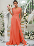 A-Line/Princess Chiffon Ruched V-neck Sleeveless Sweep/Brush Train Bridesmaid Dresses TPP0004916