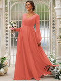 A-Line/Princess Chiffon Ruched V-neck Long Sleeves Floor-Length Bridesmaid Dresses TPP0004950