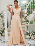 A-Line/Princess Chiffon Ruched V-neck Sleeveless Sweep/Brush Train Bridesmaid Dresses TPP0004916