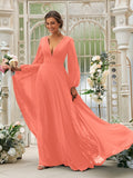 A-Line/Princess Chiffon Ruffles V-neck Long Sleeves Sweep/Brush Train Bridesmaid Dresses TPP0004894