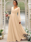 A-Line/Princess Chiffon Ruched V-neck Long Sleeves Floor-Length Bridesmaid Dresses TPP0004950