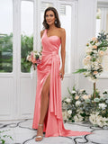 Sheath/Column Charmeuse Ruched One-Shoulder Sleeveless Floor-Length Bridesmaid Dresses TPP0004892