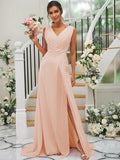 A-Line/Princess Chiffon Ruched V-neck Sleeveless Sweep/Brush Train Bridesmaid Dresses TPP0004916