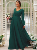 A-Line/Princess Chiffon Ruched V-neck Long Sleeves Floor-Length Bridesmaid Dresses TPP0004950