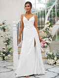 A-Line/Princess Silk like Satin Ruched V-neck Sleeveless Floor-Length Bridesmaid Dresses TPP0004934