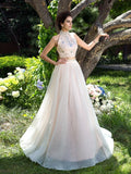 A-Line/Princess High Neck Beading Sleeveless Long Net Two Piece Dresses TPP0003150