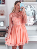 A-Line/Princess Bateau Long Sleeves Short/Mini Applique Chiffon Homecoming Dresses TPP0004687