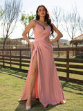 A-Line/Princess Elastic Woven Satin Ruched V-neck Sleeveless Sweep/Brush Train Dresses TPP0001541