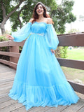 A-Line/Princess Off-the-Shoulder Tulle Applique Long Sleeves Floor-Length Dresses TPP0001492