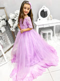 Ball Gown Tulle Lace Off-the-Shoulder 1/2 Sleeves Sweep/Brush Train Flower Girl Dresses TPP0007476