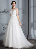 A-Line/Princess Sleeveless V-neck Sweep/Brush Train Tulle Wedding Dresses TPP0006437