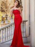 Trumpet/Mermaid Strapless Sleeveless Sweep/Brush Train Beading Satin Dresses TPP0002966