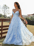 A-Line/Princess Lace Ruffles V-neck Sleeveless Sweep/Brush Train Dresses TPP0001390