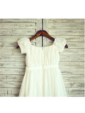 A-line/Princess Square Short Sleeves Ruched Tea-Length Chiffon Flower Girl Dresses TPP0007675