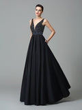 A-Line/Princess Straps Beading Sleeveless Long Taffeta Dresses TPP0003008