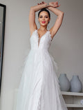 A-Line/Princess Lace Ruffles V-neck Sleeveless Sweep/Brush Train Wedding Dresses TPP0006454