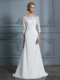 Trumpet/Mermaid 1/2 Sleeves Off-the-Shoulder Sweep/Brush Train Chiffon Wedding Dresses TPP0006184