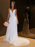 A-Line/Princess Charmeuse Spaghetti Straps Ruffles Sleeveless Sweep/Brush Train Wedding Dresses TPP0006078