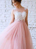 A-Line/Princess Applique Bateau Sleeveless Tulle Sweep/Brush Train Dresses TPP0003841