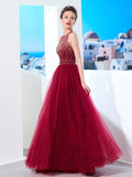 A-Line/Princess Scoop Sleeveless Floor-Length Beading Tulle Dresses TPP0002471