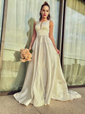 A-Line/Princess Satin Ruffles Scoop Sleeveless Sweep/Brush Train Wedding Dresses TPP0006204