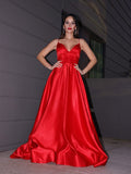 A-Line/Princess Satin Ruffles V-neck Sleeveless Sweep/Brush Train Dresses TPP0001686