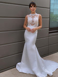 Trumpet/Mermaid Sleeveless Applique Scoop Satin Court Train Wedding Dresses TPP0006530