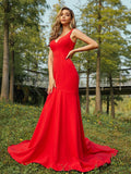 Sheath/Column Stretch Crepe Ruffles V-neck Sleeveless Sweep/Brush Train Bridesmaid Dresses TPP0004953