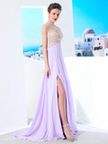 A-Line/Princess High Neck Sleeveless Sweep/Brush Train Crystal Chiffon Dresses TPP0002799